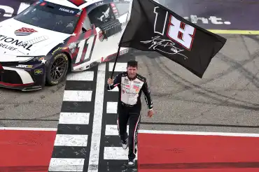 Hamlin ties Kyle Busch's record of 63 wins with another comeback victory at Michigan